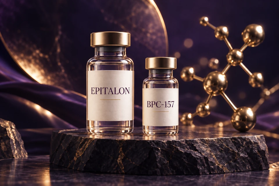 Illustrative peptide vials labeled Epitalon and BPC-157