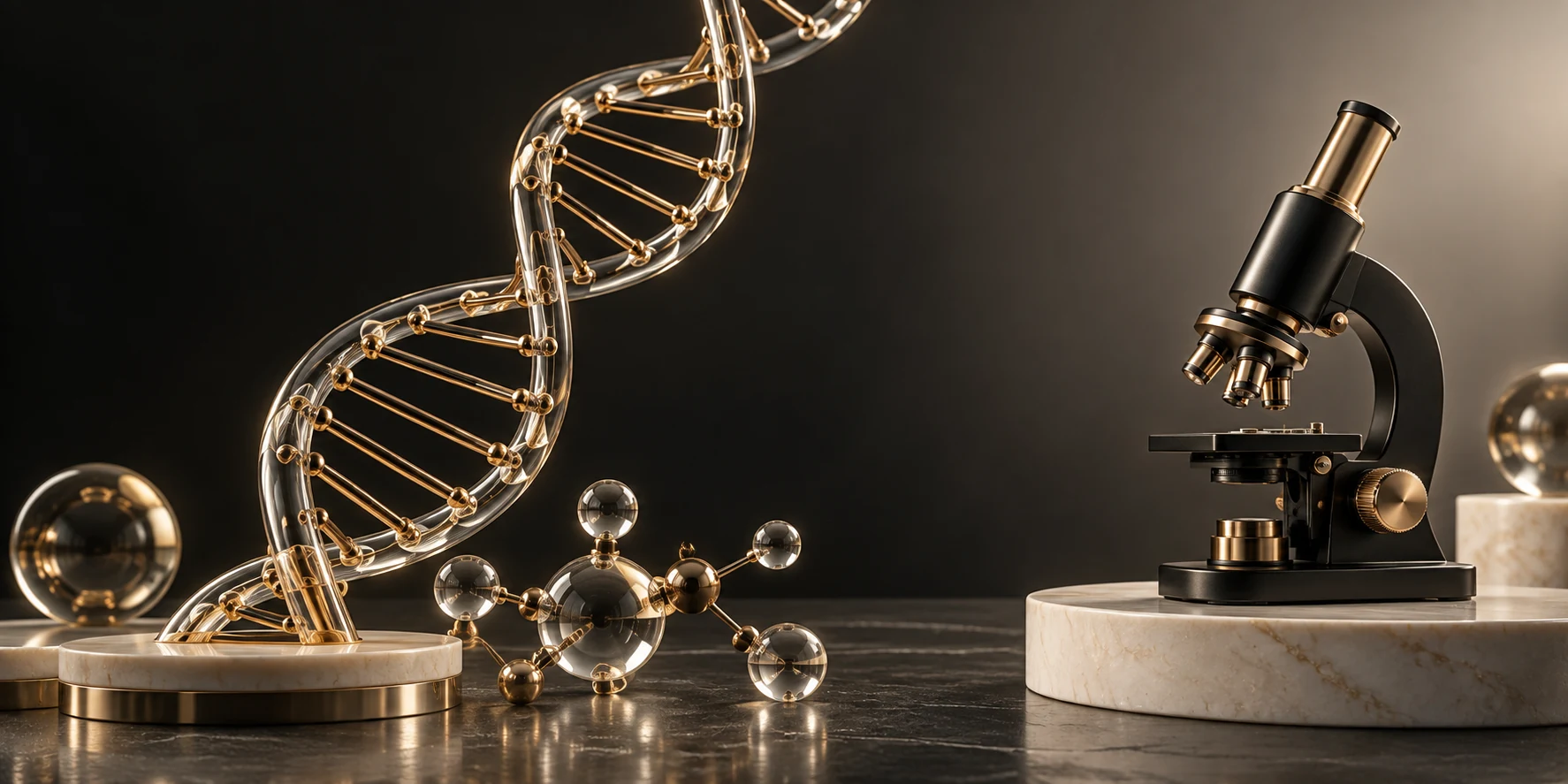 Glass DNA sculpture and microscope illustrating precision medical care