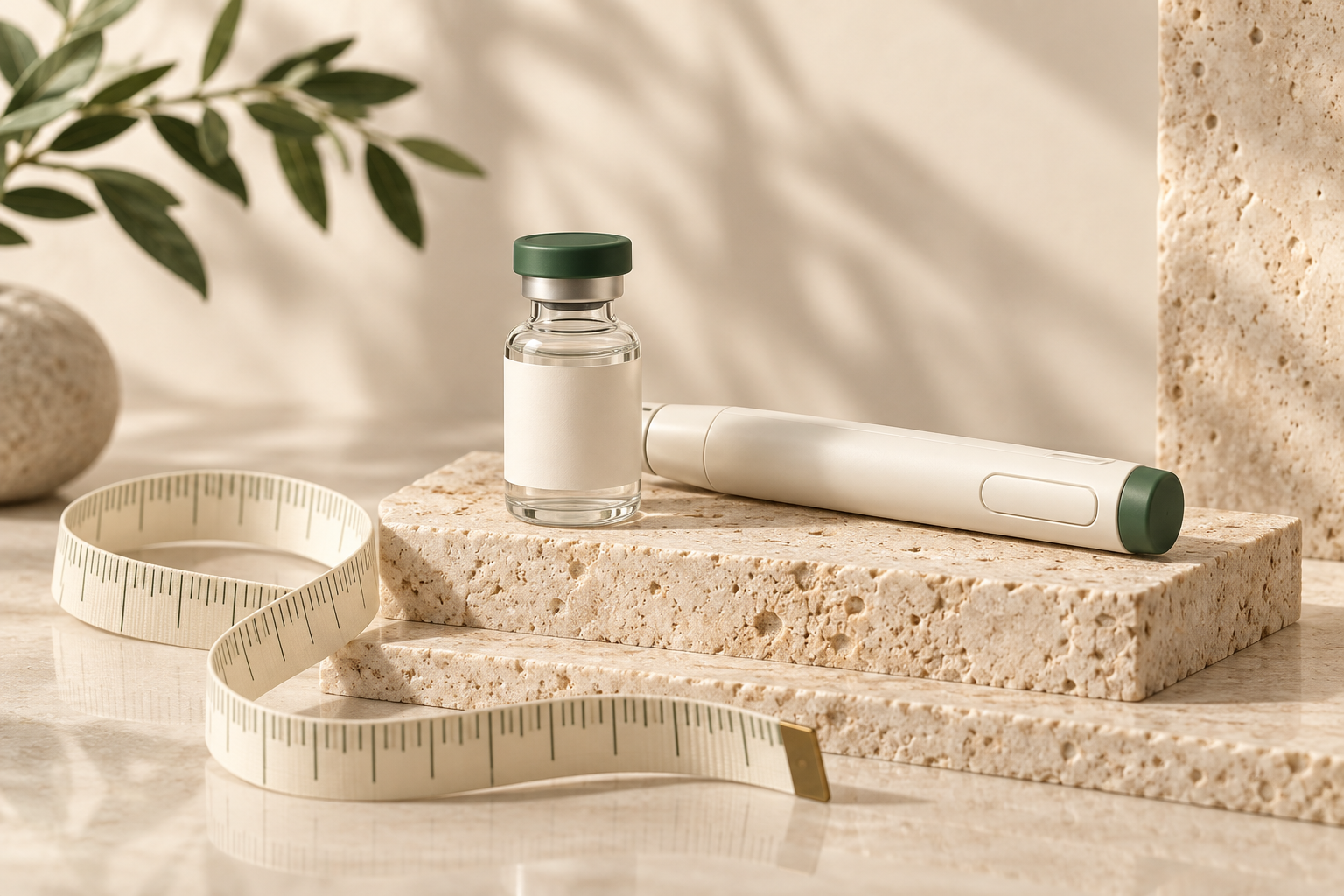 Illustrative semaglutide care: an unbranded vial and closed injection pen on cream stone with a measuring tape