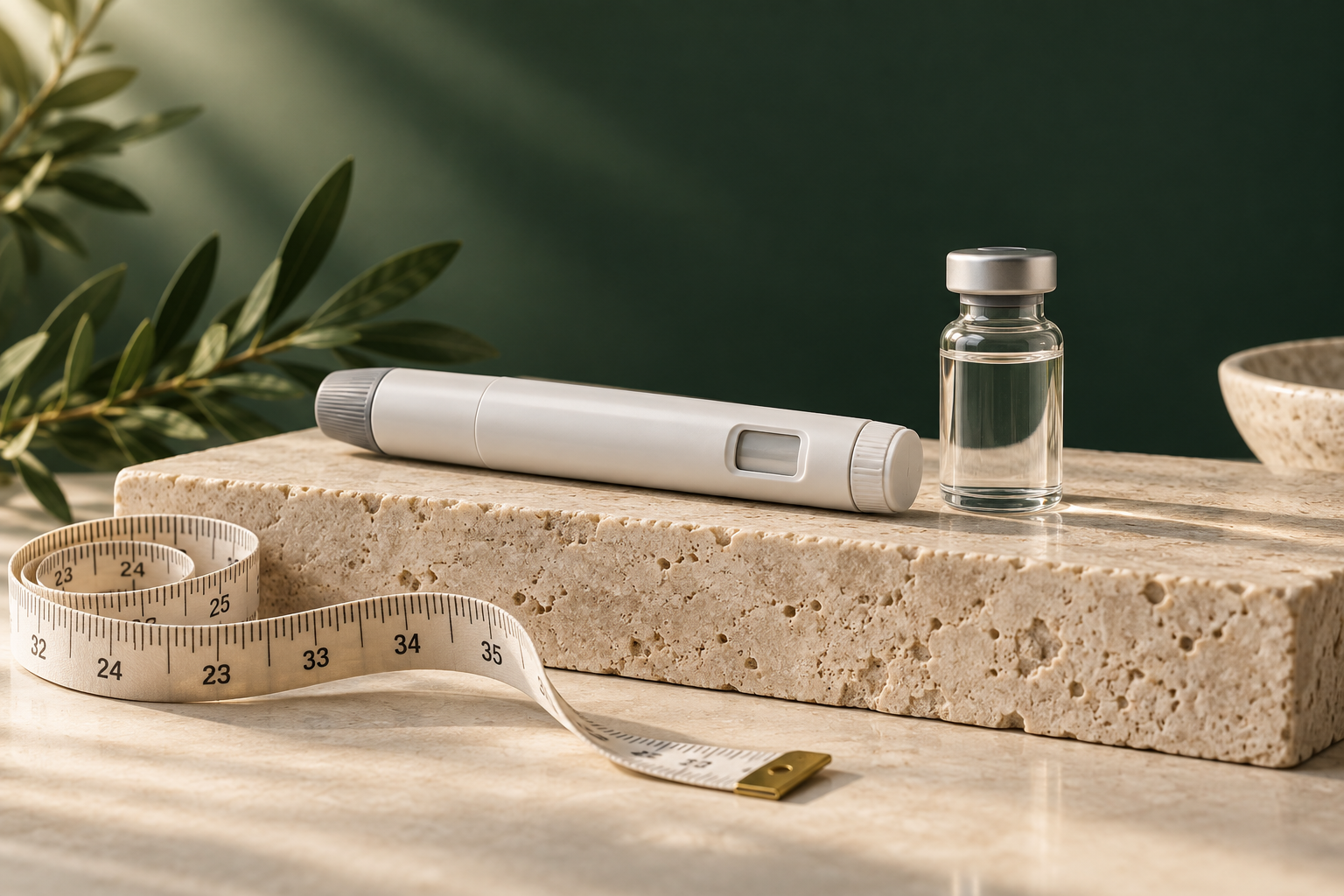 Illustrative tirzepatide care: an unbranded injection pen, vial and measuring tape against a forest-green backdrop