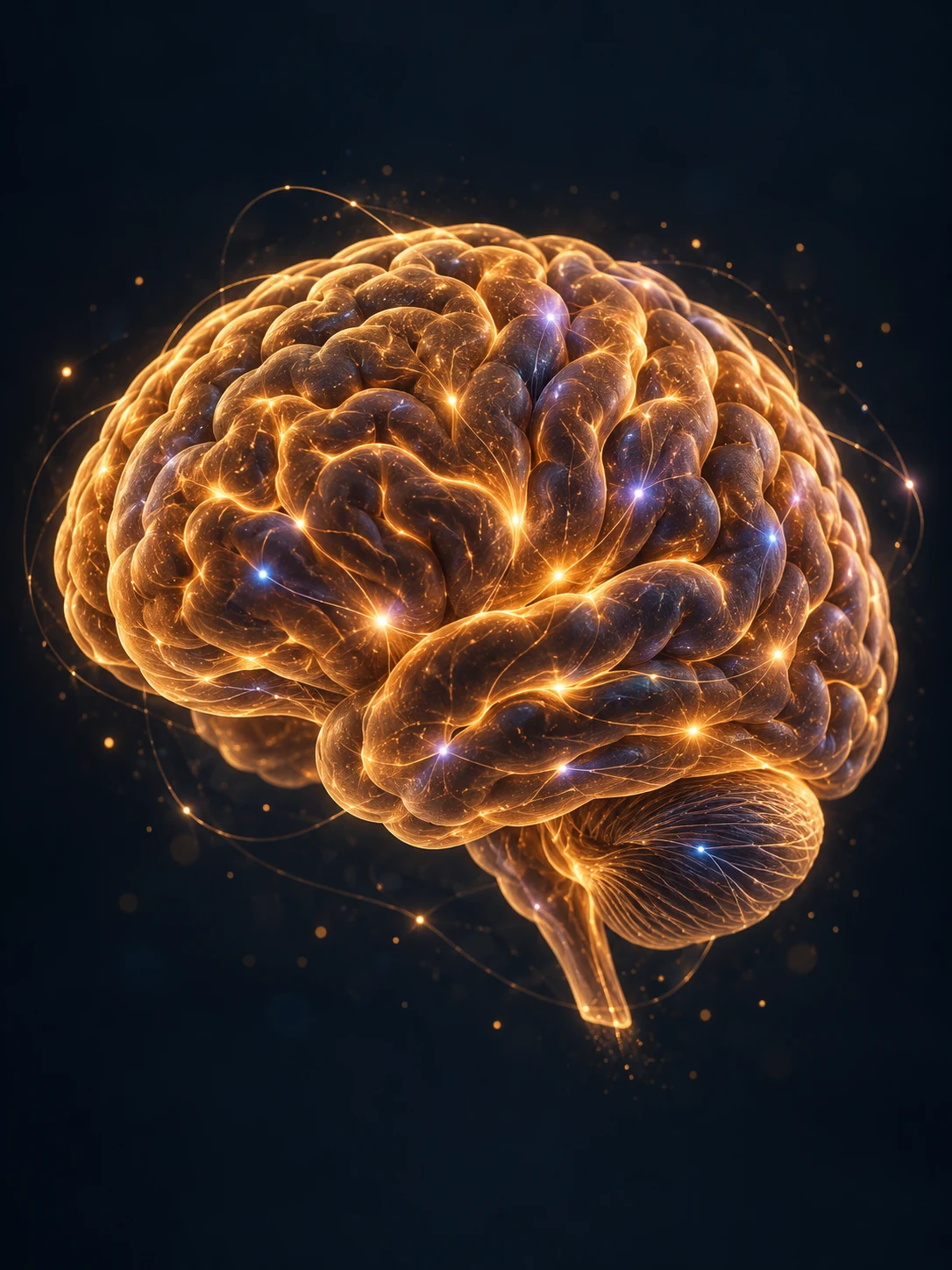 Animated gold-lit brain illustration with softly moving neural lights