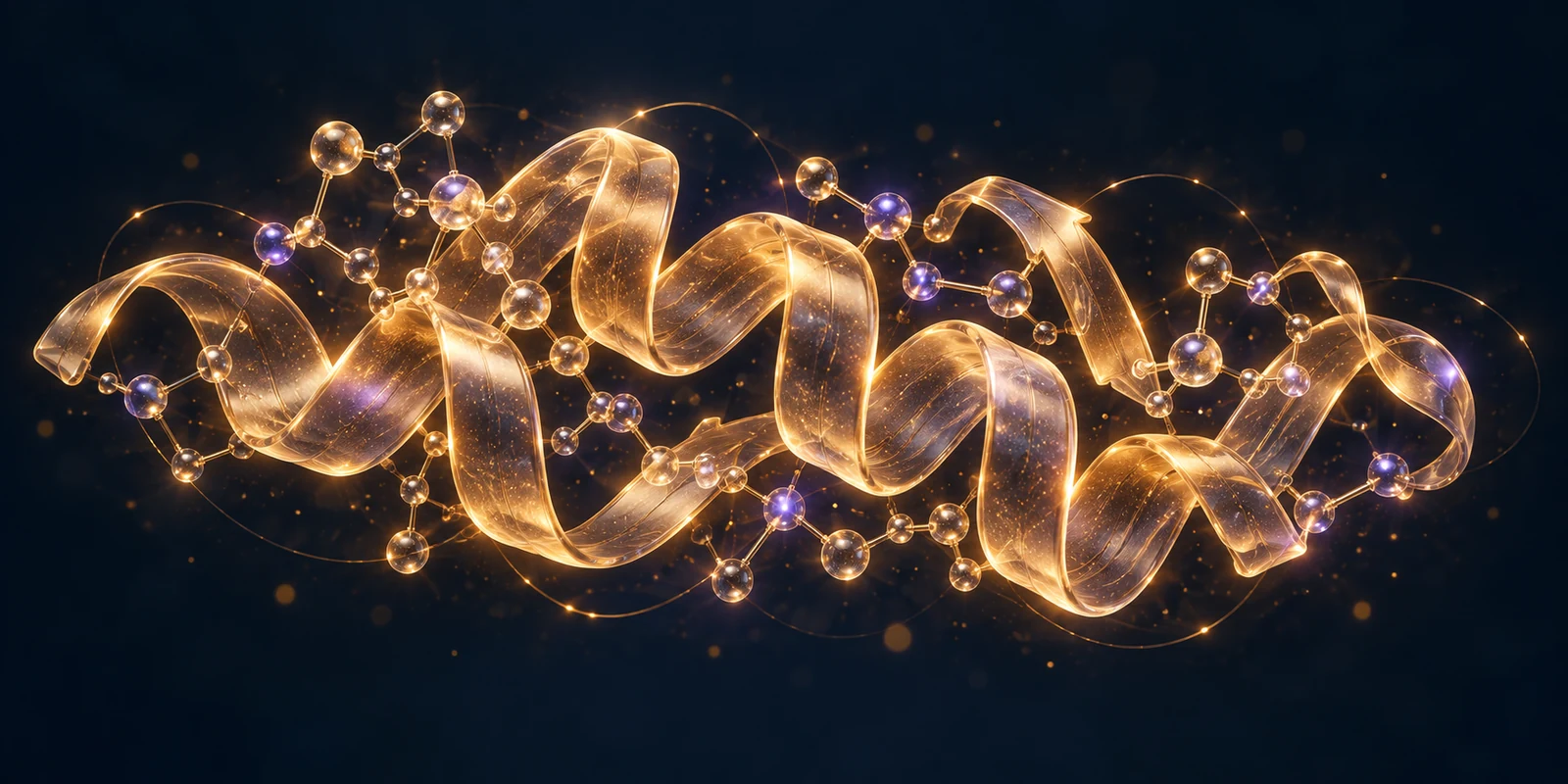 Conceptual gold peptide ribbon and molecular network on a deep navy background