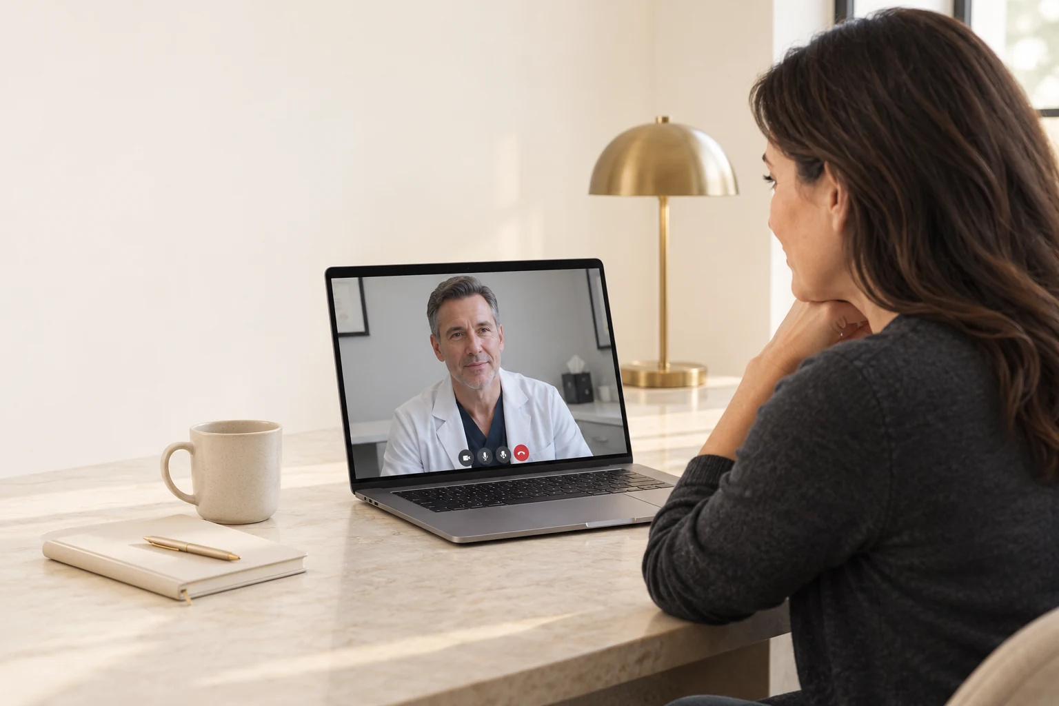 Illustrative virtual medical consultation with a patient and a clinician on a laptop screen