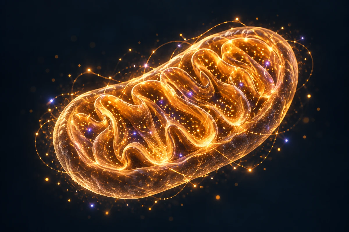 Conceptual gold-lit mitochondrion illustrating cellular energy and metabolism