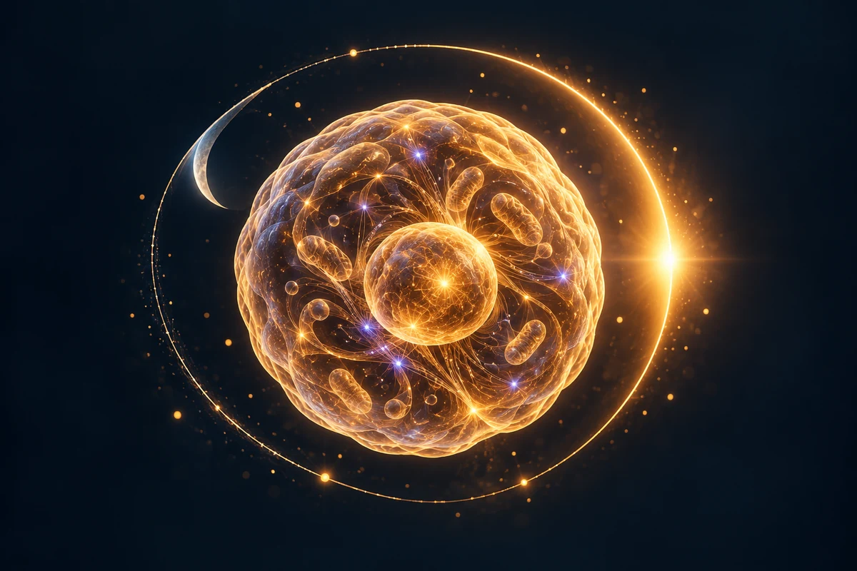 Conceptual gold-lit cell and circadian ring illustrating sleep rhythms and everyday energy