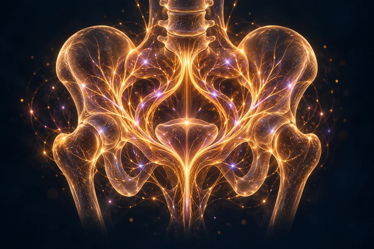 Conceptual gold-lit pelvic neural network illustrating sexual-wellness and hormone consultations