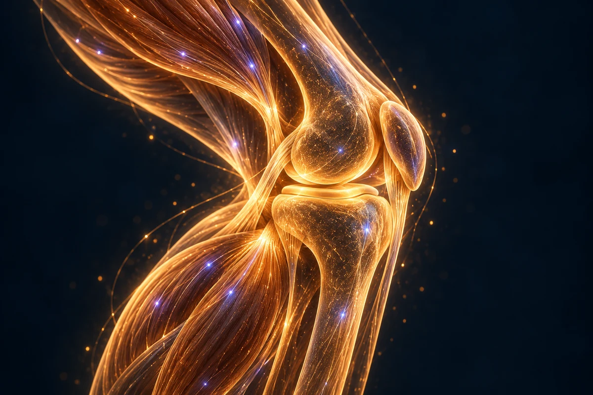 Conceptual gold and glass joint with muscle fibers illustrating movement and recovery