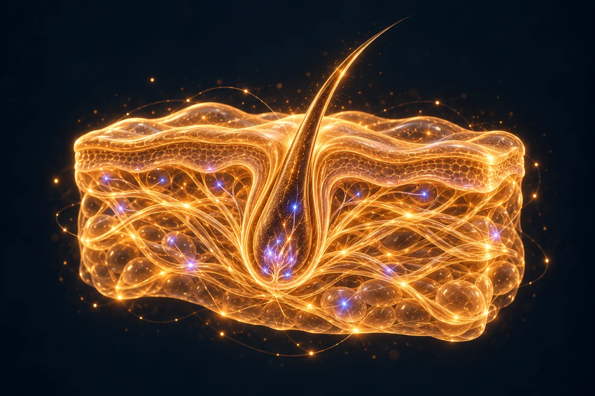 Conceptual gold collagen fibers and hair follicle illustrating skin and hair biology
