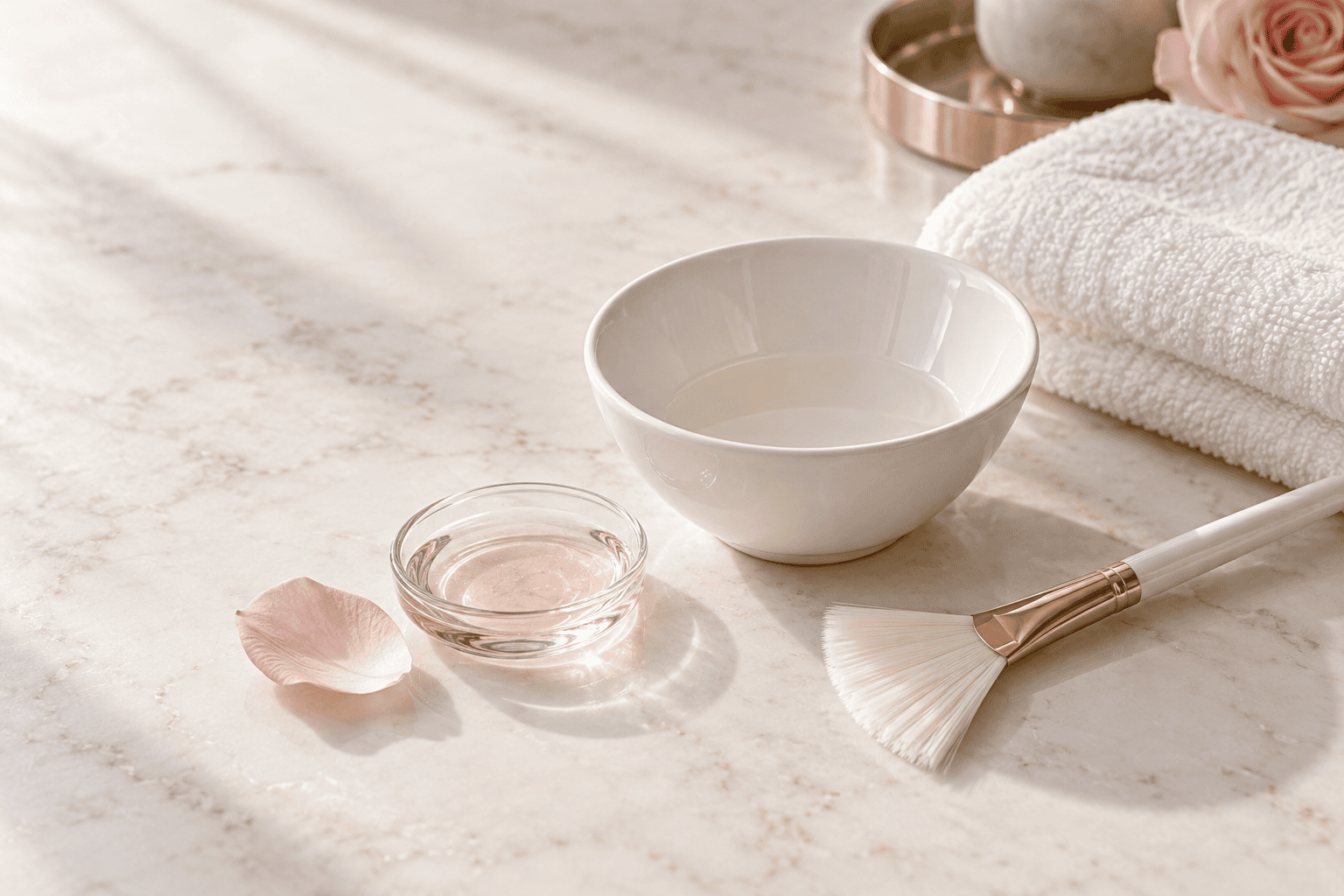 Skincare bowl, brush and towel on a pearl surface