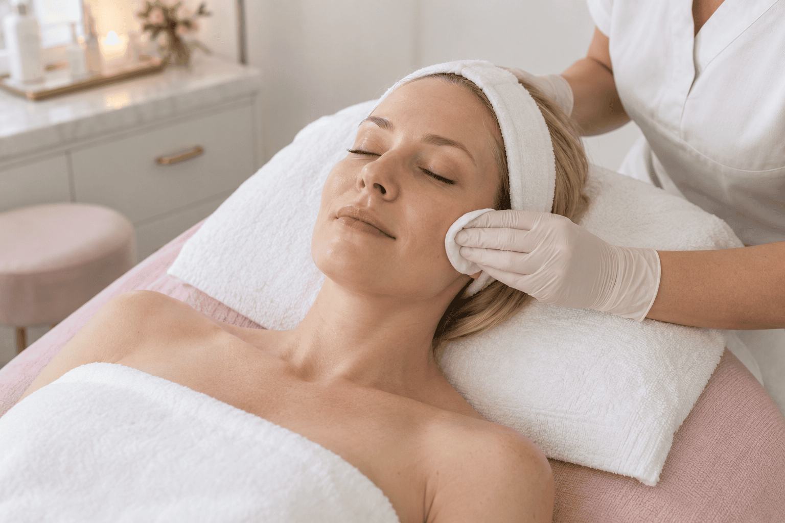 Illustrative skin preparation with a blonde model