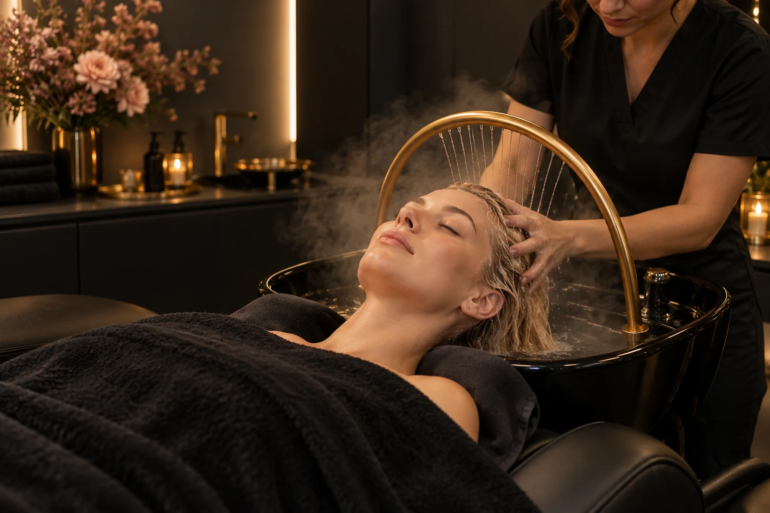 Decorative Head Spa scene with a reclining blonde model, gold water halo and black spa interior