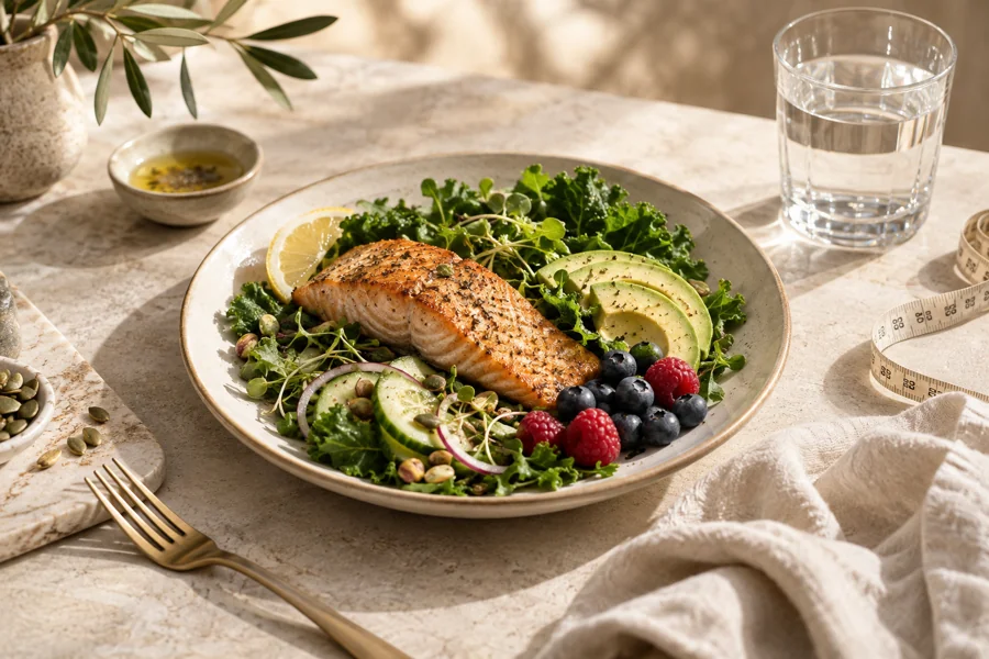 Balanced meal and hydration illustrating metabolic wellness