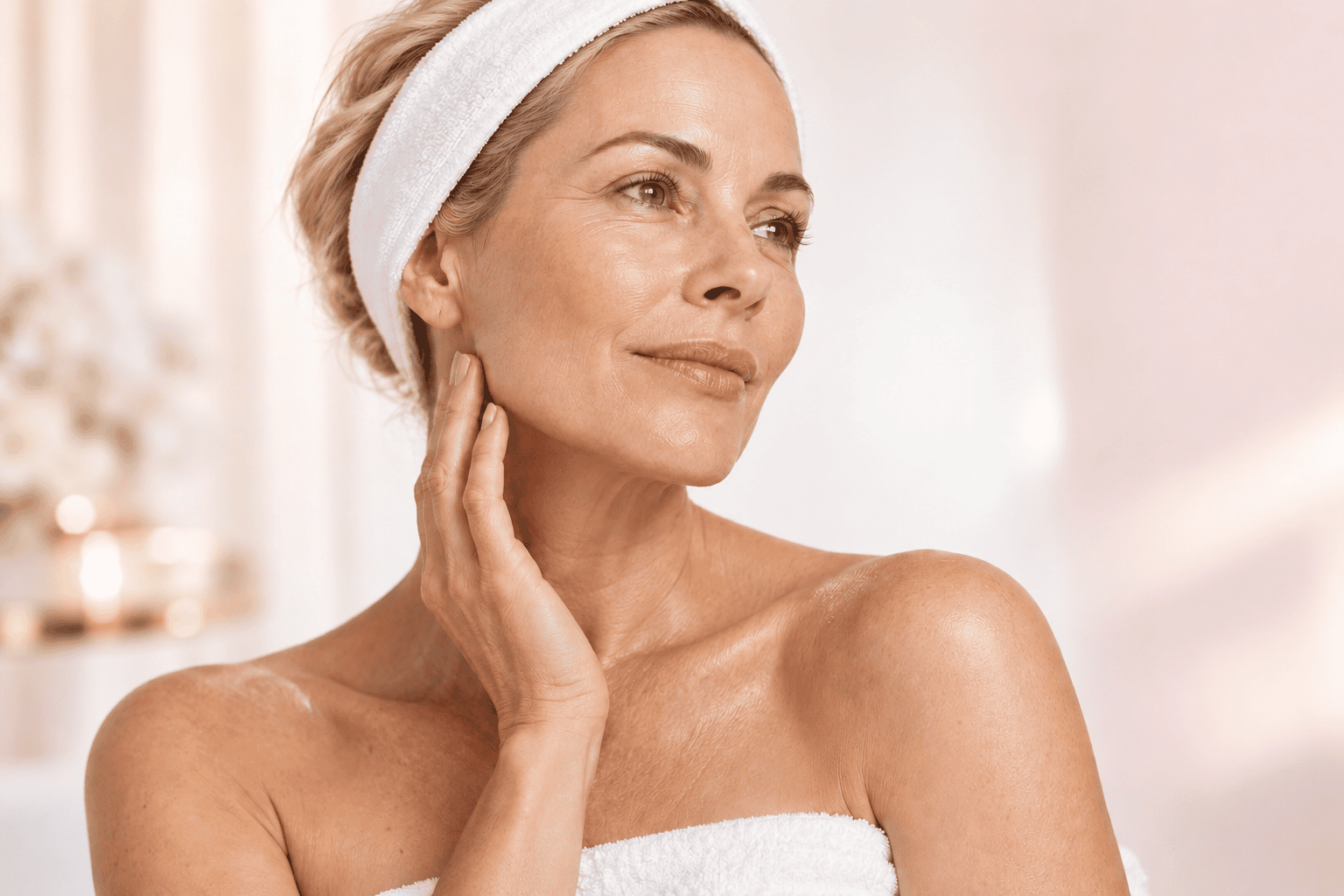 Illustrative blonde model in a white spa headband
