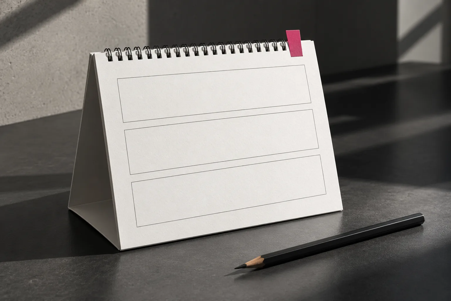White standing paper calendar with three empty appointment blocks, a raspberry tab and a black pencil