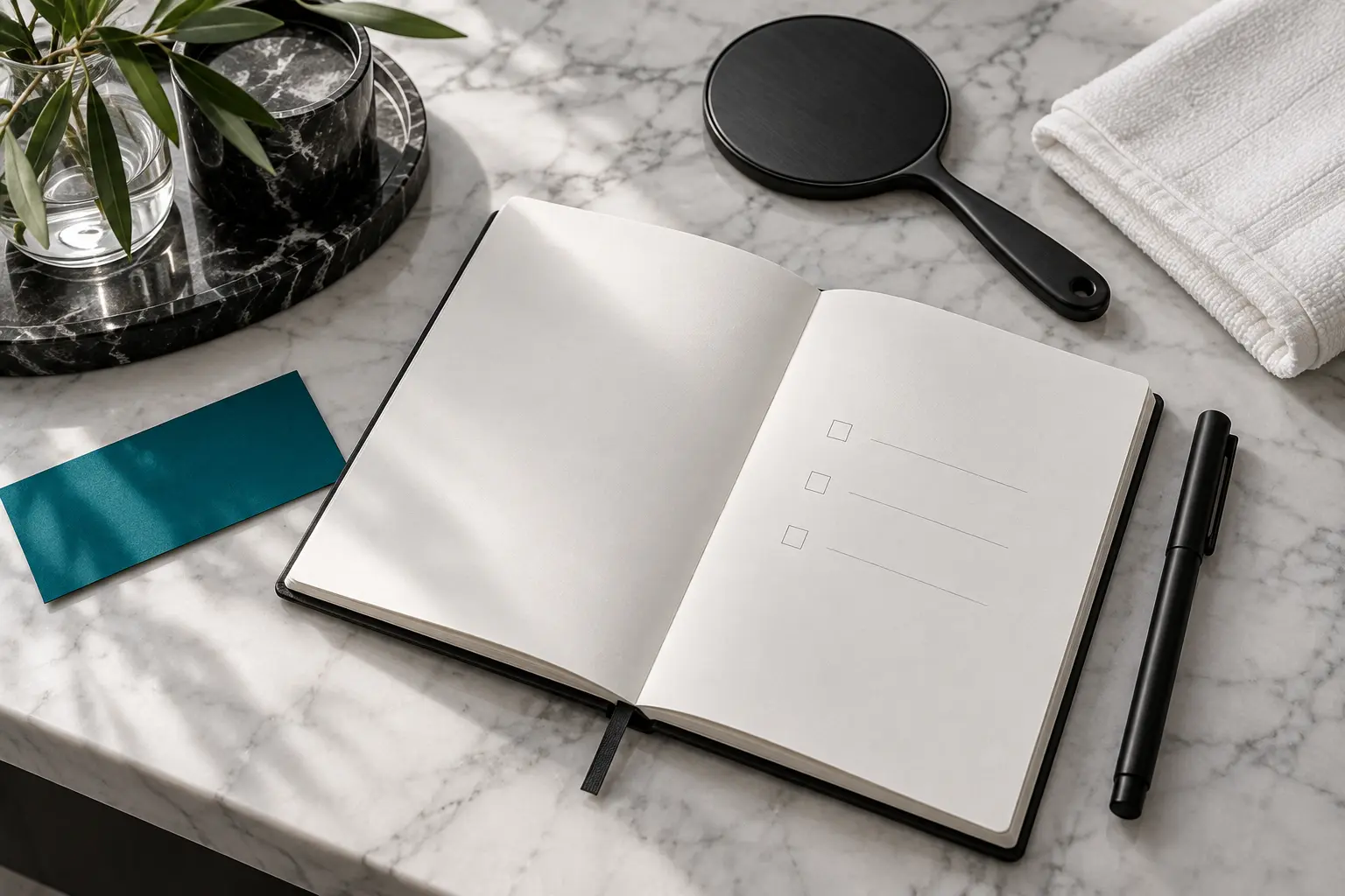 Faceless injectable consultation still life with an open checklist notebook, black pen, face-down mirror, white towel and deep-teal appointment card