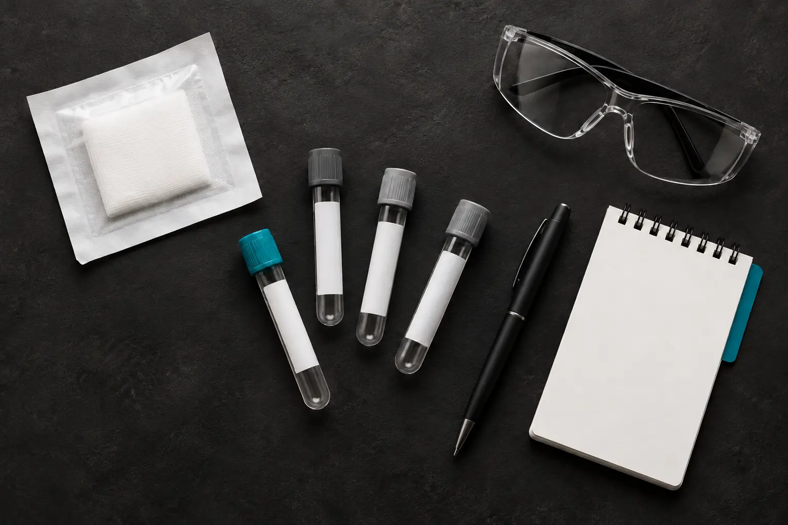 Faceless laboratory still life with empty collection tubes, sealed gauze, safety glasses and a blank notebook with deep-teal accents; no patient data or specimens