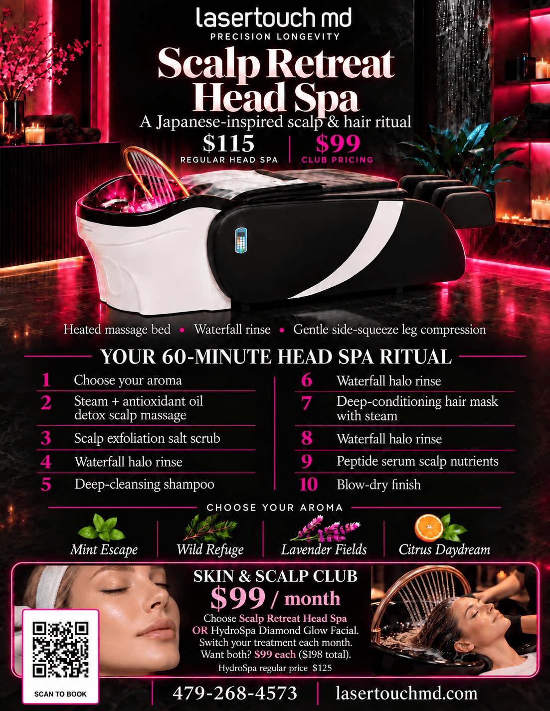 Updated Scalp Retreat Head Spa flyer: $115 regular, $99 club, 60-minute ritual and four aroma choices