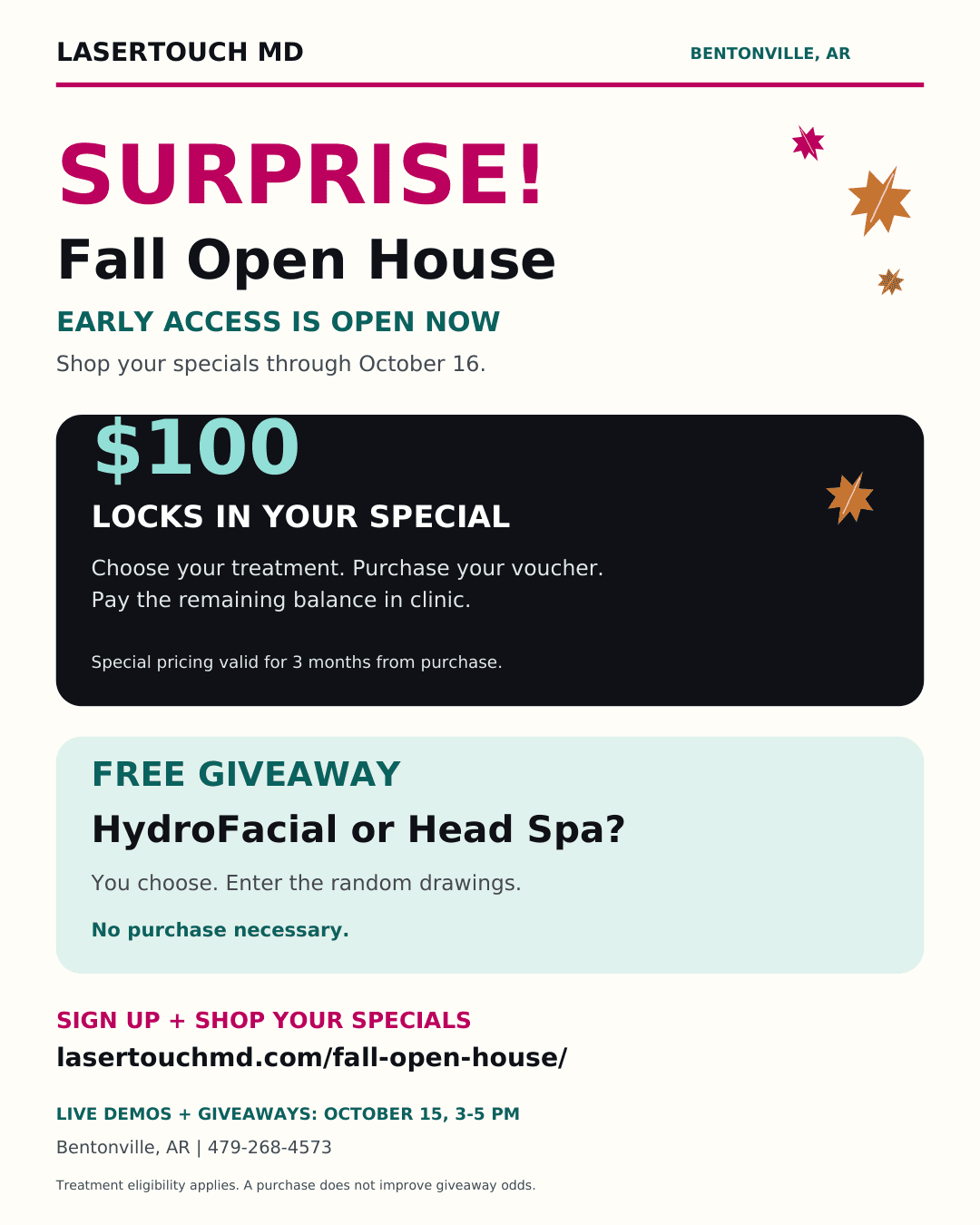 Surprise! LaserTouch MD Fall Open House early access is open through October 16. Reserve a $100 voucher or enter the free HydroFacial or Head Spa giveaway.