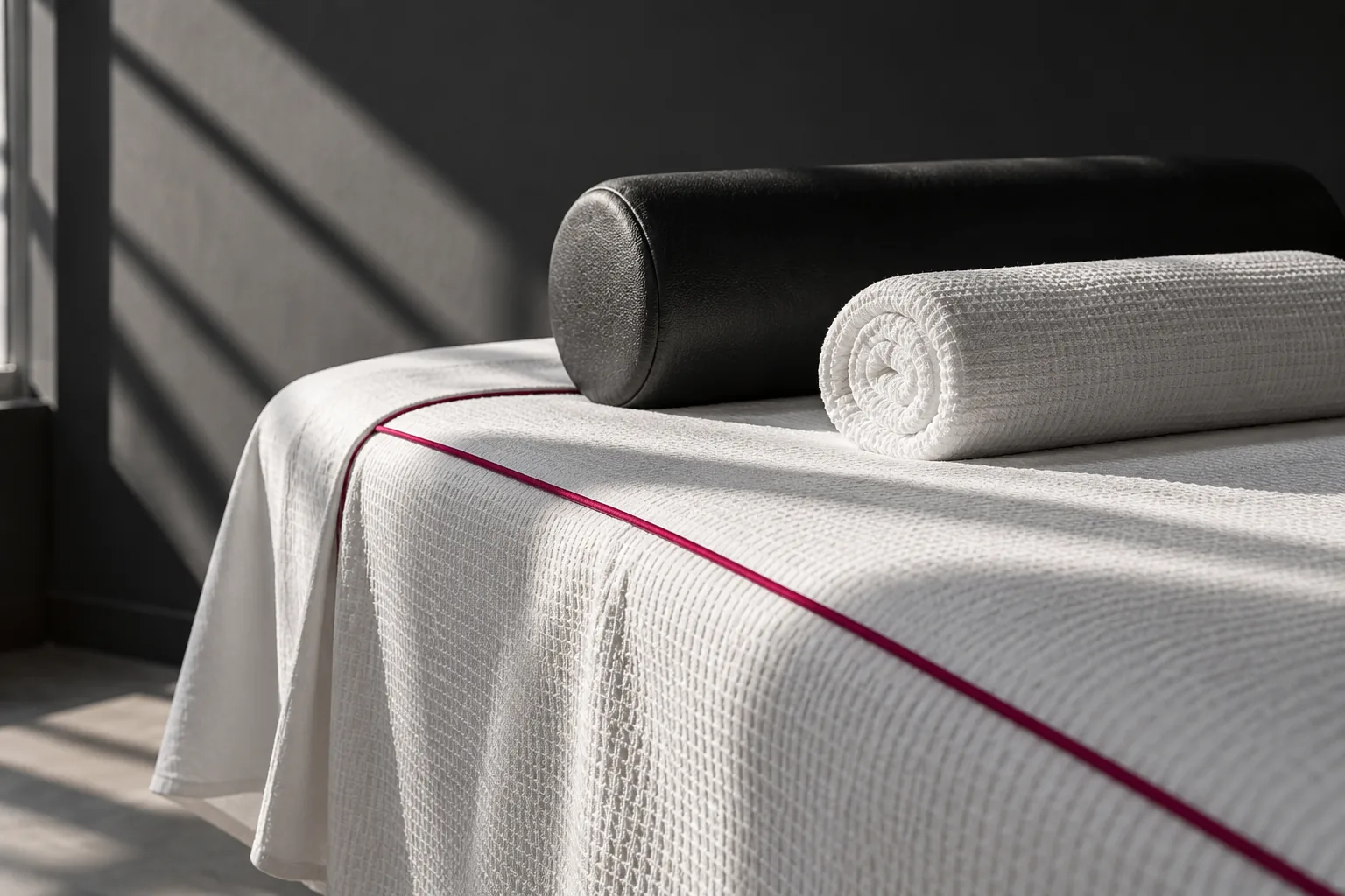 Illustrative empty treatment bed with white linens, a black bolster and a small raspberry accent; no device or patient shown