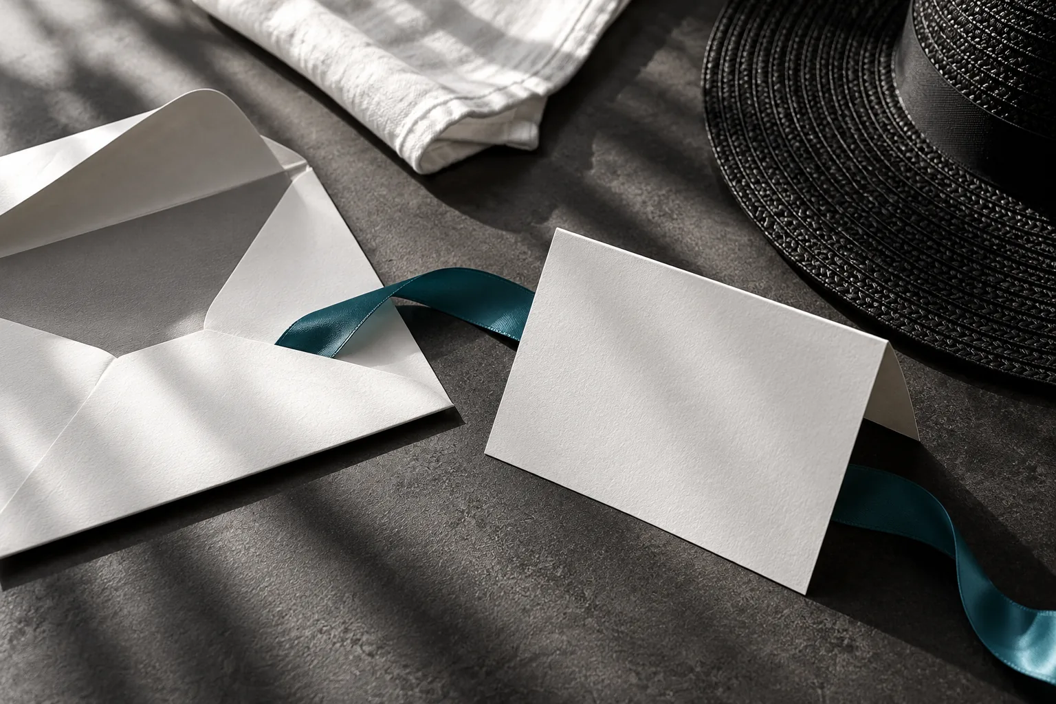 Original editorial still life of a folded appointment card, invitation envelope, cotton cloth and black sun hat with a deep-teal ribbon