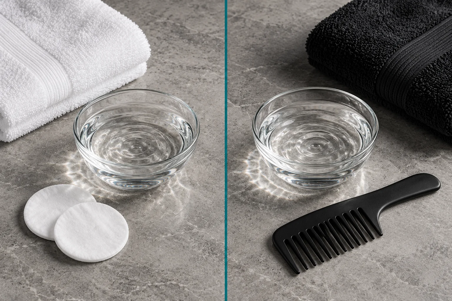 Split editorial still life with white and charcoal spa towels, two clear water bowls and a single deep-teal line, representing monthly facial or Head Spa choices