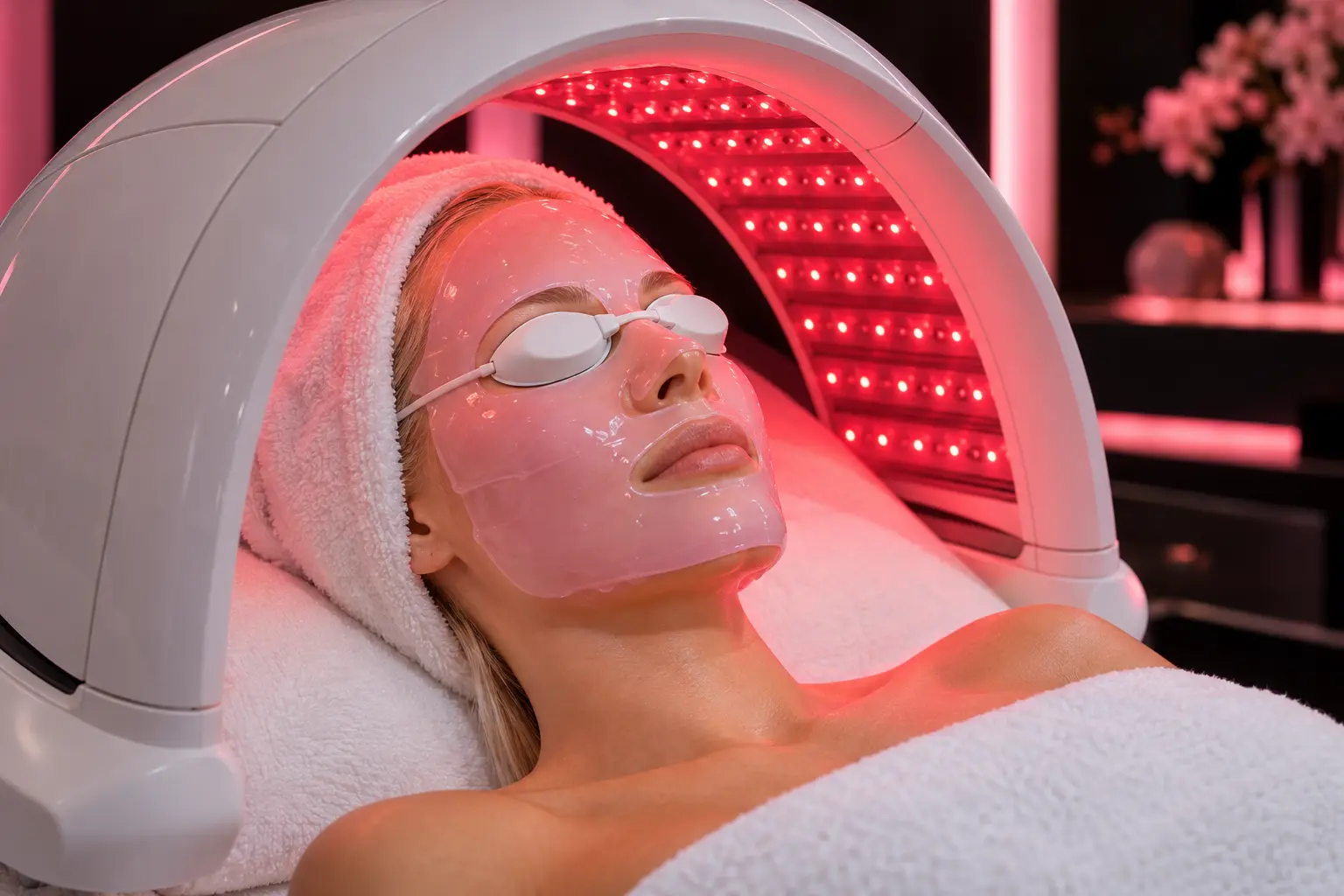 Treatment illustration of a pink collagen sheet mask beneath a curved red-light LED dome