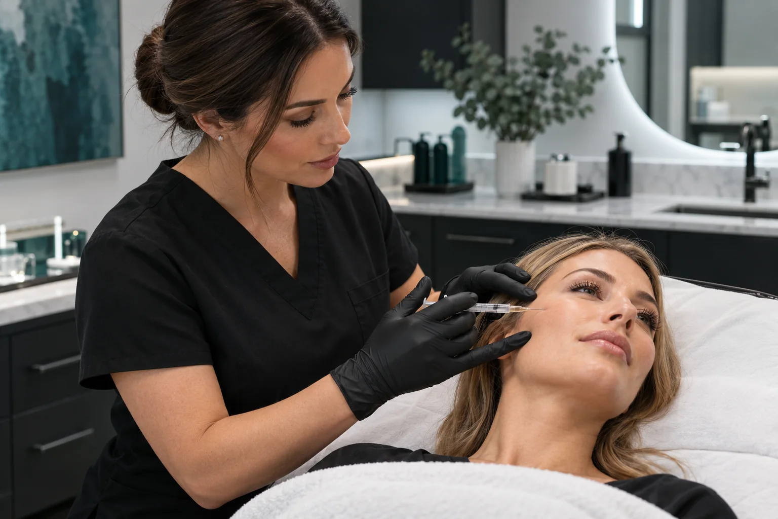 Illustrative image of a brown-haired injector preparing an aesthetic treatment