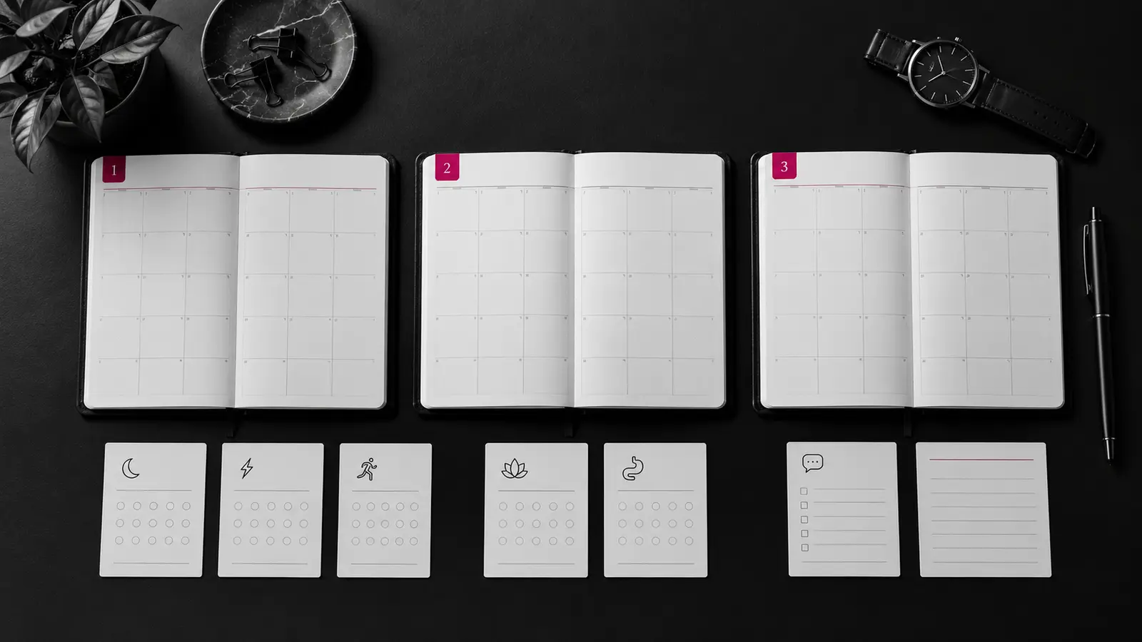 Black-and-white three-month planner with raspberry tabs and simple wellness tracking cards