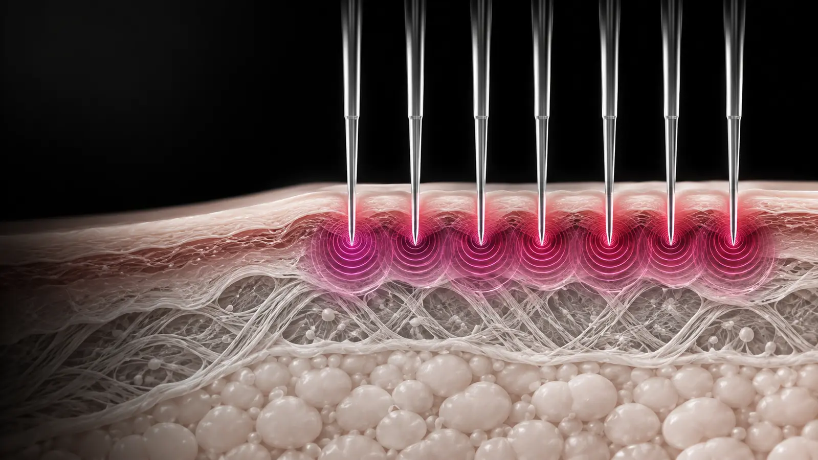 Illustrative cross-section showing microneedles delivering radiofrequency energy beneath the skin surface
